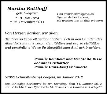 Traueranzeige von Martha Kotthoff von Tageszeitung