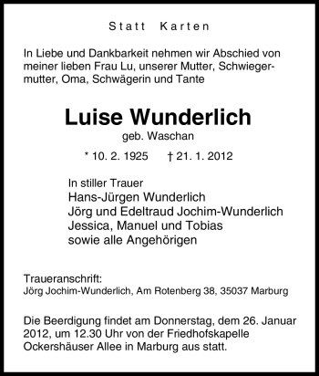 Traueranzeige von Luise Wunderlich von Tageszeitung