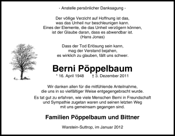 Traueranzeige von Berni Pöppelbaum von Tageszeitung