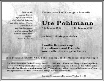 Traueranzeige von Ute Pohlmann von Tageszeitung