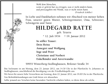 Traueranzeige von Hildegard Ratte von Tageszeitung