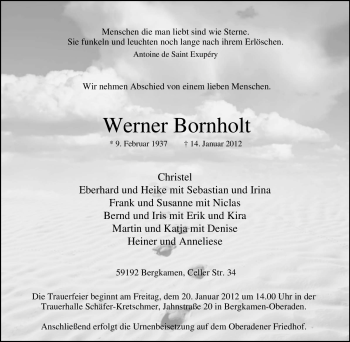 Traueranzeige von Werner Bornholt von Tageszeitung