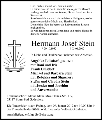 Traueranzeige von Hermann Josef Stein von Tageszeitung