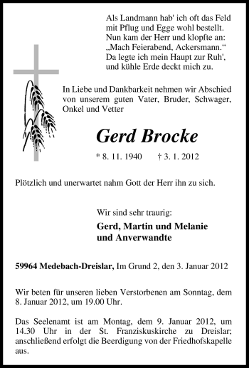 Traueranzeige von Gerd Brocke von Tageszeitung
