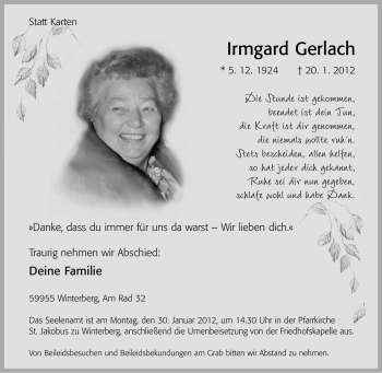 Traueranzeige von Irmgard Gerlach von Tageszeitung