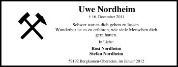 Traueranzeige von Uwe Nordheim von Tageszeitung