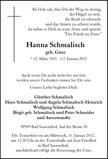 Traueranzeige von Hanna Schmalisch von Tageszeitung