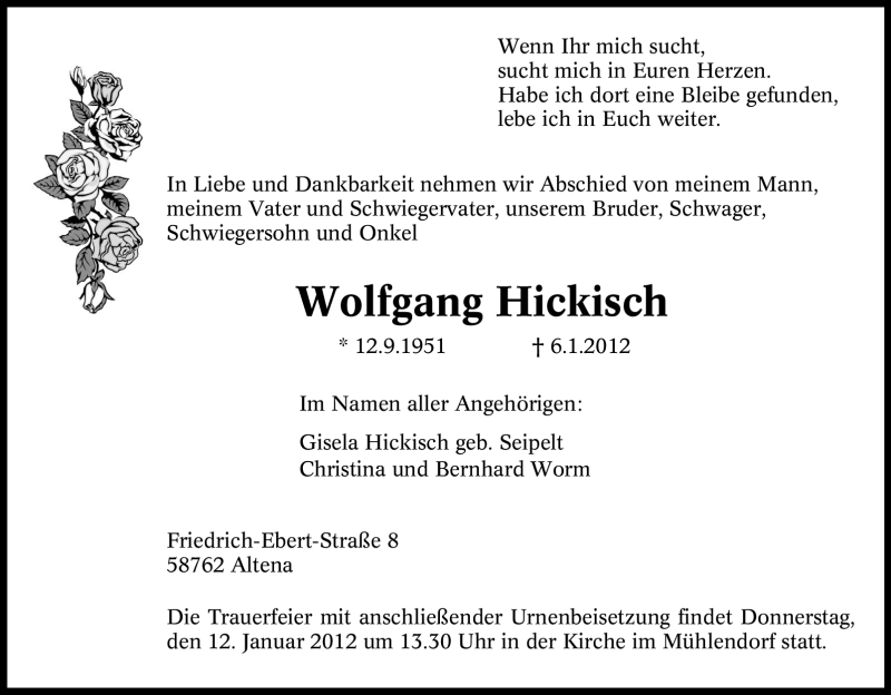  Traueranzeige für Wolfgang Hickisch vom 09.01.2012 aus Tageszeitung