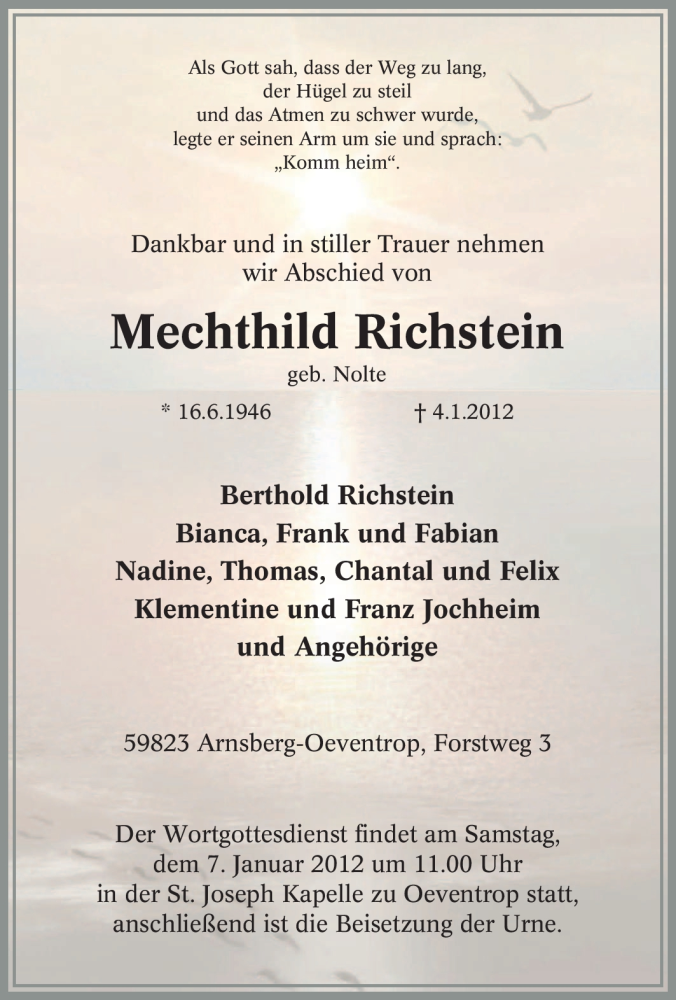  Traueranzeige für Mechthild Richstein vom 06.01.2012 aus Tageszeitung