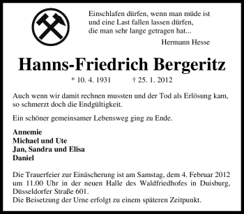 Traueranzeige von Hanns-Friedrich Bergeritz von Tageszeitung