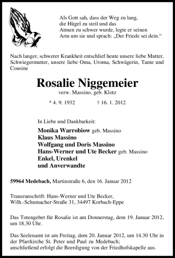 Traueranzeige von Rosalie Niggemeier von Tageszeitung
