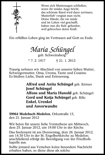 Traueranzeige von Maria Schüngel von Tageszeitung