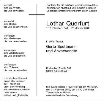Traueranzeige von Lothar Querfurt von Tageszeitung