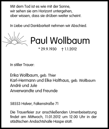 Traueranzeige von Paul Wollbaum von Tageszeitung