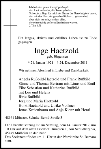 Traueranzeige von Inge Haetzold von Tageszeitung