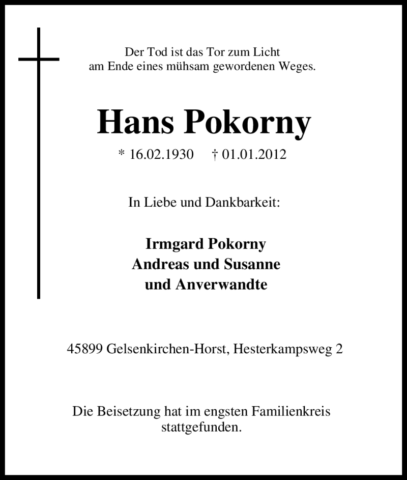  Traueranzeige für Hans Pokorny vom 07.01.2012 aus Tageszeitung