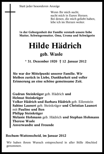 Traueranzeige von Hilde Hädrich von Tageszeitung