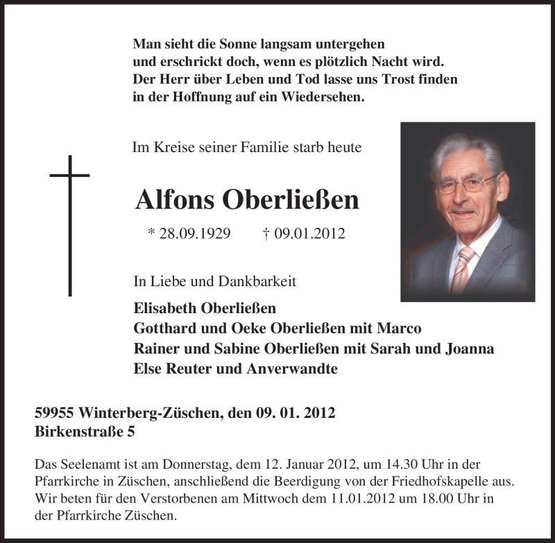  Traueranzeige für Alfons Oberließen vom 10.01.2012 aus Tageszeitung