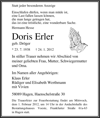 Traueranzeige von Doris Erler von Tageszeitung