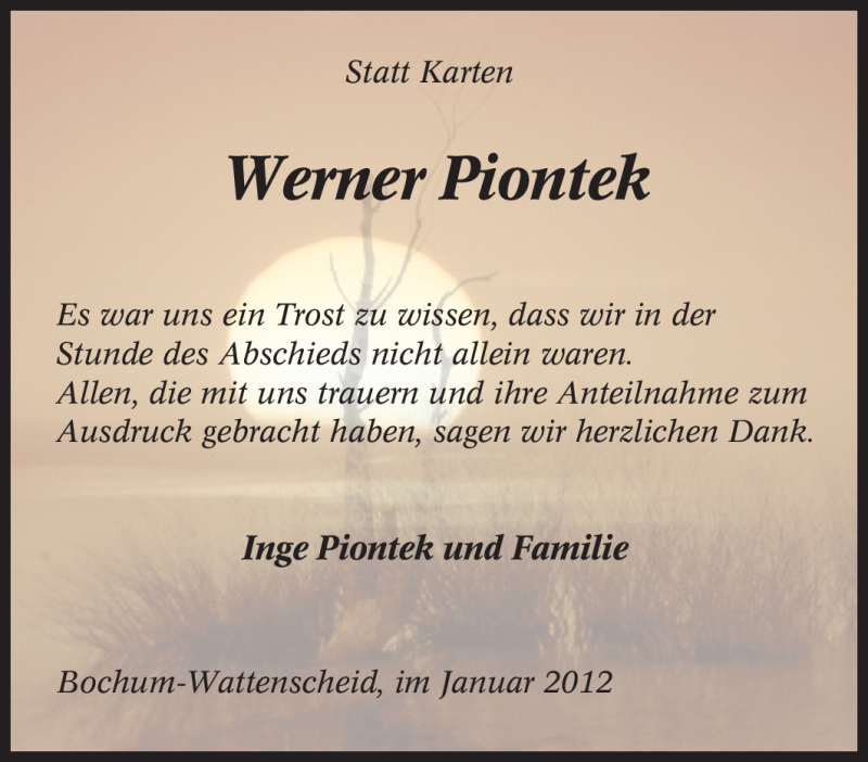  Traueranzeige für Werner Piontek vom 28.01.2012 aus Tageszeitung