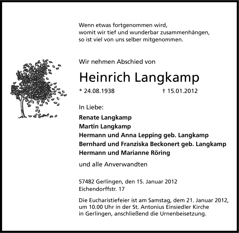  Traueranzeige für Heinrich Langkamp vom 17.01.2012 aus Tageszeitung