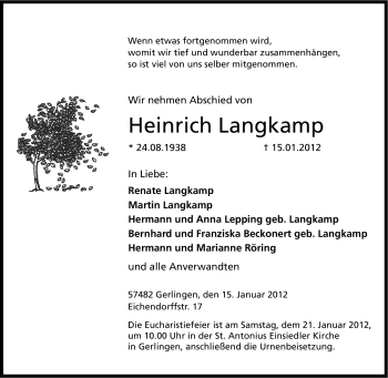Traueranzeige von Heinrich Langkamp von Tageszeitung