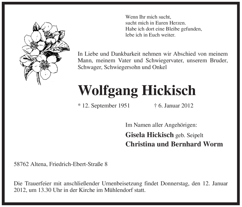  Traueranzeige für Wolfgang Hickisch vom 09.01.2012 aus Tageszeitung