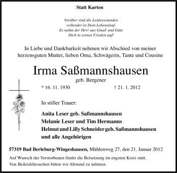 Traueranzeige von Irma Saßmannshausen von Tageszeitung