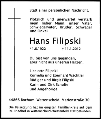 Traueranzeige von Hans Filipski von Tageszeitung