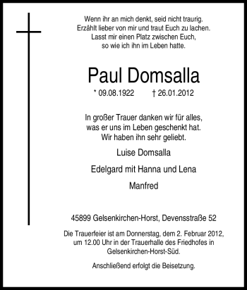 Traueranzeige von Paul Domsalla von Tageszeitung