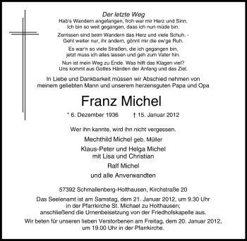 Traueranzeige von Franz Michel von Tageszeitung