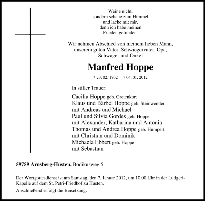  Traueranzeige für Manfred Hoppe vom 06.01.2012 aus Tageszeitung