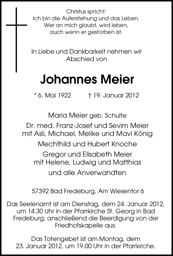  Traueranzeige für Johannes Meier vom 21.01.2012 aus Tageszeitung