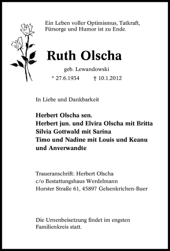 Traueranzeige von Ruth Olscha von Tageszeitung