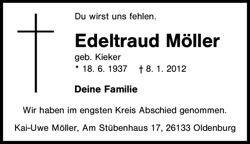  Traueranzeige für Edeltraud Möller vom 12.01.2012 aus Tageszeitung