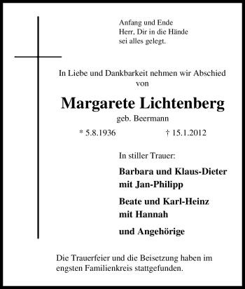 Traueranzeige von Margarete Lichtenberg von Tageszeitung