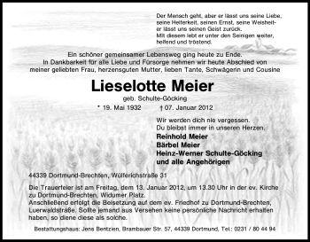 Traueranzeige von Lieselotte Meier von Tageszeitung