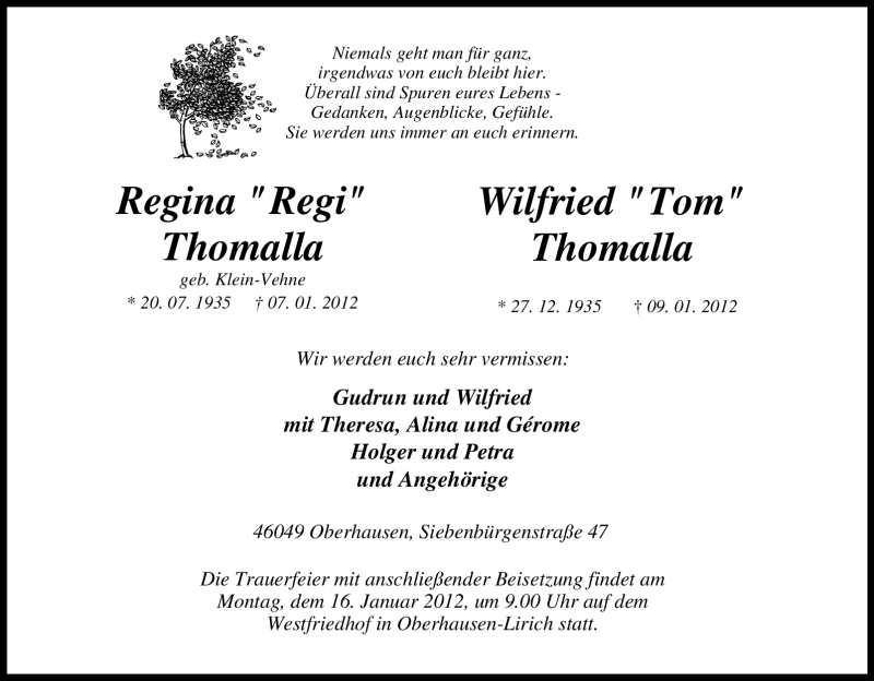  Traueranzeige für Regina Thomalla vom 12.01.2012 aus Tageszeitung