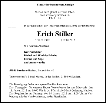 Traueranzeige von Erich Stiller von Tageszeitung