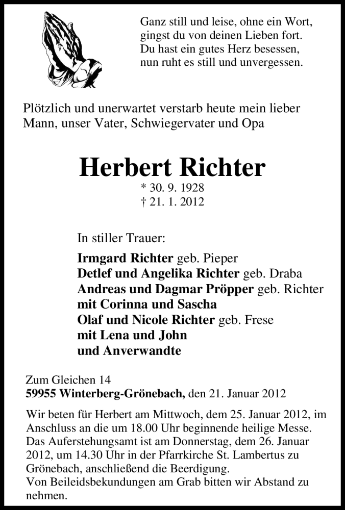 Traueranzeige für Herbert Richter vom 24.01.2012 aus Tageszeitung