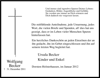 Traueranzeige von Wolfgang Becker von Tageszeitung