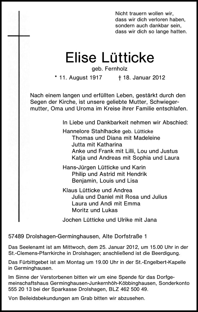  Traueranzeige für Elise Lütticke vom 20.01.2012 aus Tageszeitung