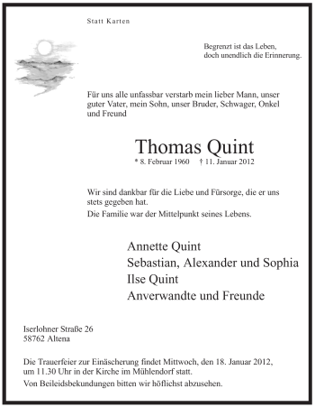 Traueranzeige von Thomas Quint von Tageszeitung