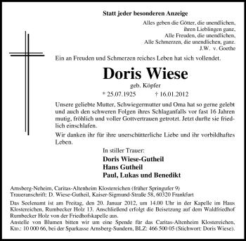Traueranzeige von Doris Wiese von Tageszeitung
