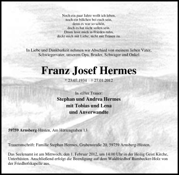 Traueranzeige von Franz Josef Hermes von Tageszeitung