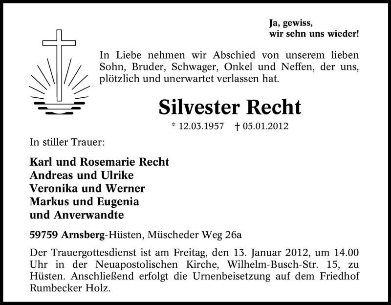  Traueranzeige für Silvester Recht vom 10.01.2012 aus Tageszeitung
