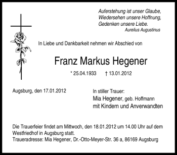 Traueranzeige von Franz Markus Hegener von Tageszeitung