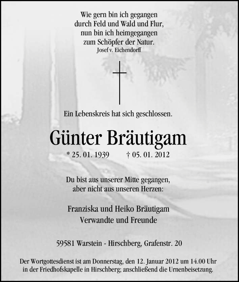 Traueranzeige für Günter Bräutigam vom 07.01.2012 aus Tageszeitung