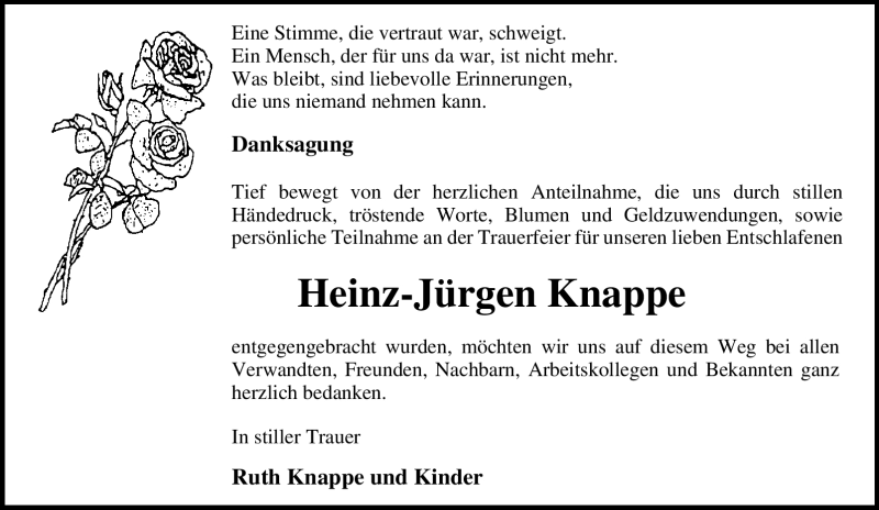  Traueranzeige für Heinz-Jürgen Knappe vom 21.01.2012 aus Tageszeitung