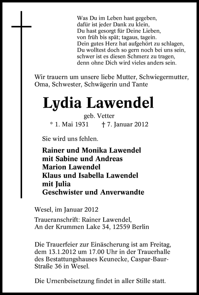  Traueranzeige für Lydia Lawendel vom 12.01.2012 aus Tageszeitung